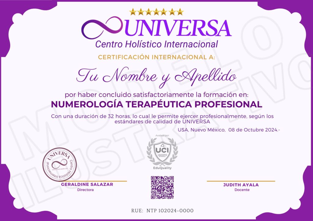 Certificado Numerología para el éxito - UNIVERSA Centro Holístico Internacional