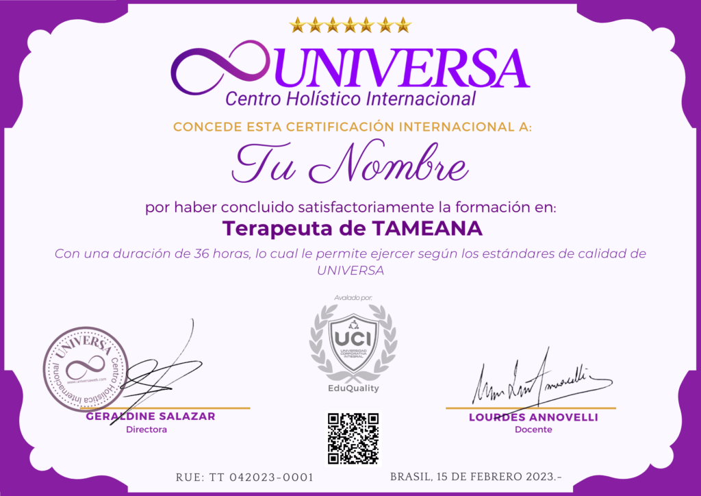 Certificado Internacional Terapeuta de Tameana UNIVERSA